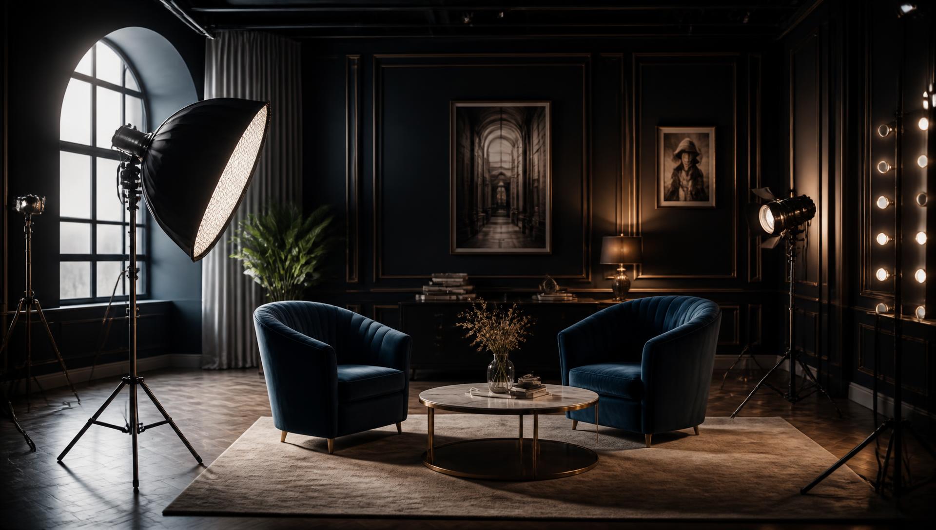 Intérieur du studio Shootnes avec fauteuils en velours et éclairage cinéma